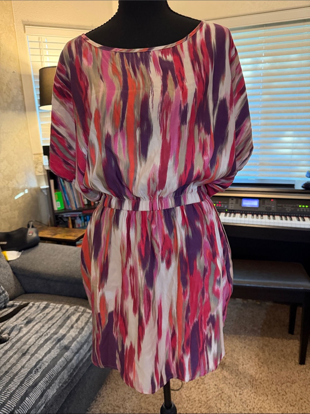 Express Medium Women's Pink & Purple Printed Blouson Dress